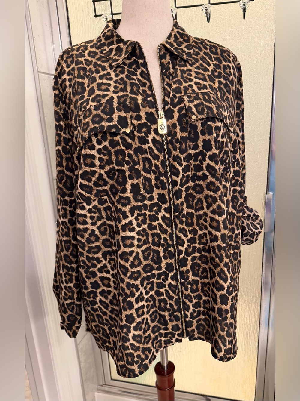NWT MICHAEL Michael Kors Leopard Print Zip Front Roll Tab Blouse Top 2X $60